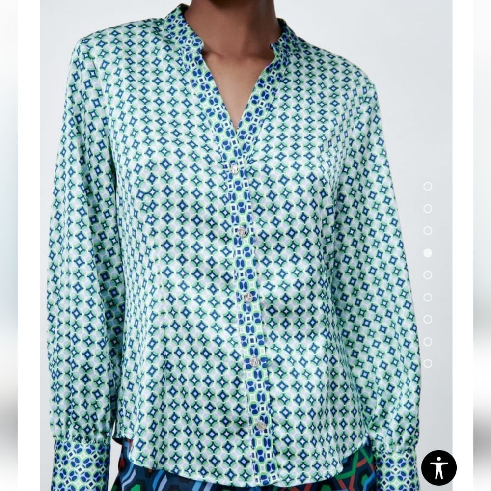 Zara Round Collar Blouse V-Neck Front Metal Buttons Long Sleeve Shirt Size XL